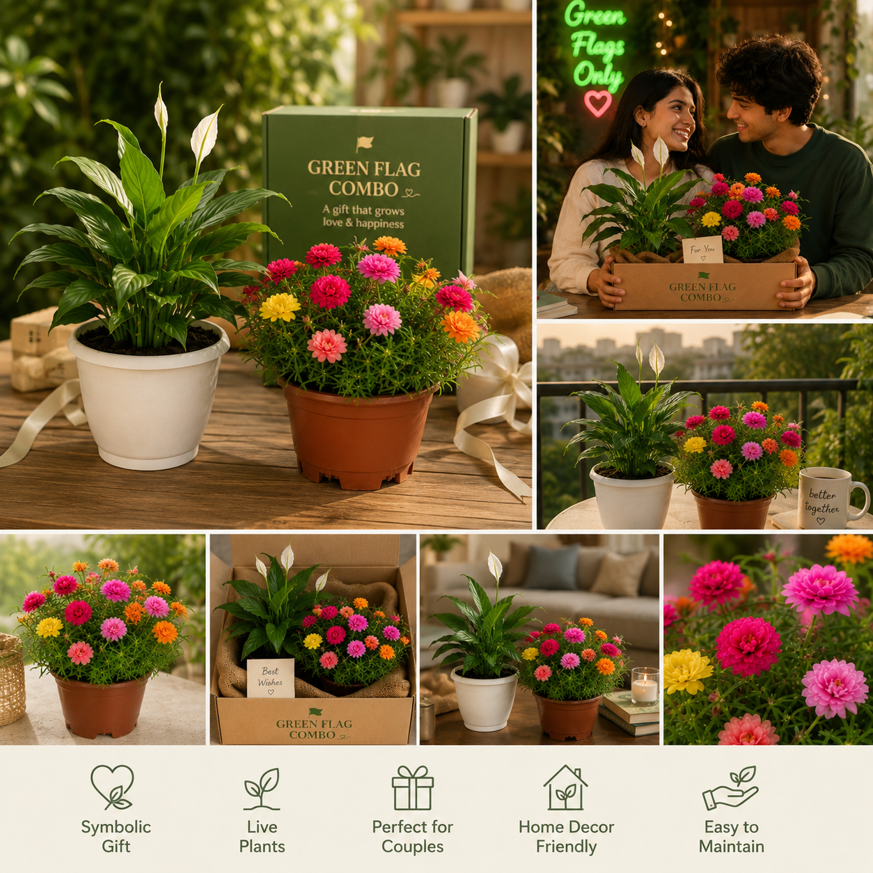 Green Flag Combo™ | Peace Lily + Moss Rose Gift Set