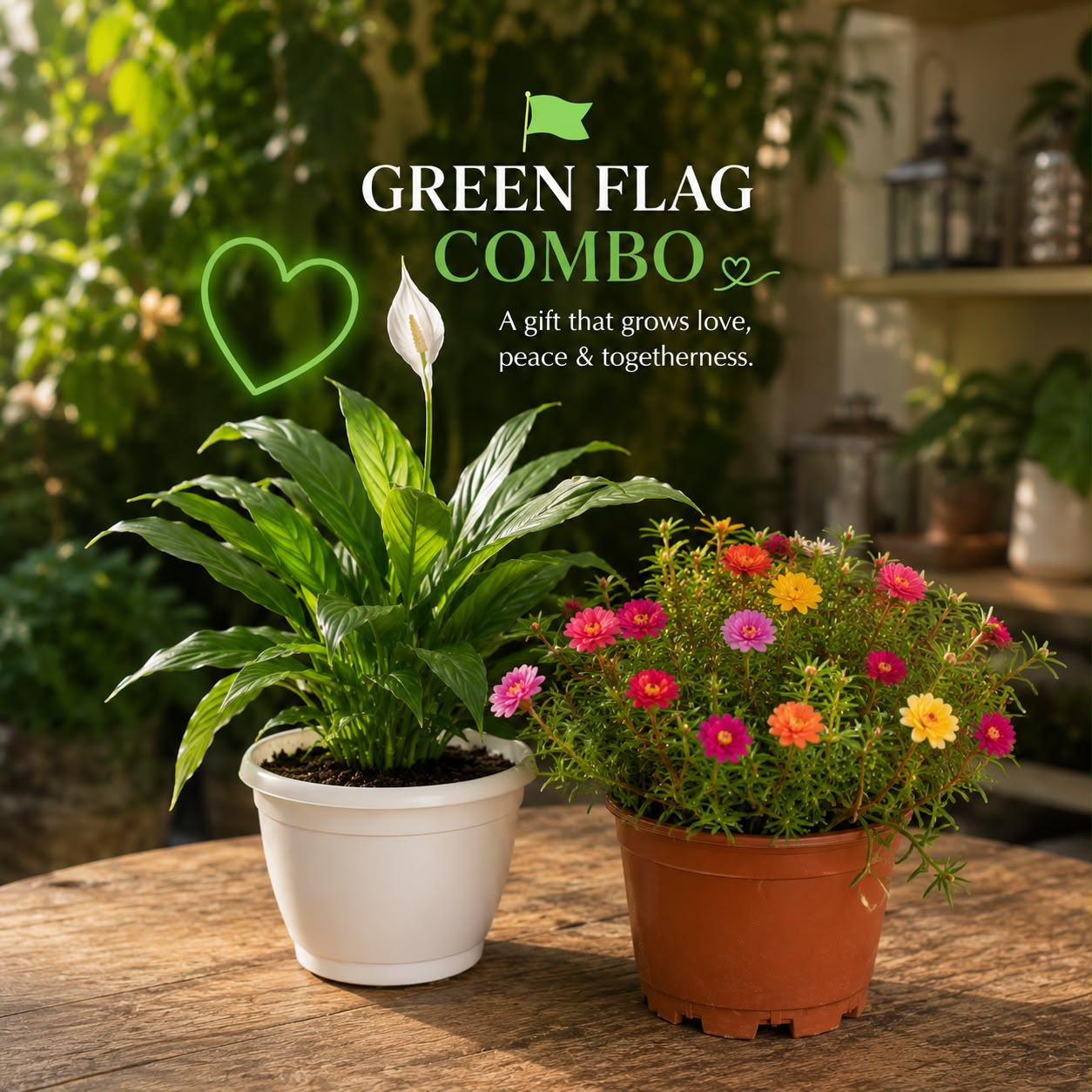 Green Flag Combo™ | Peace Lily + Moss Rose Gift Set