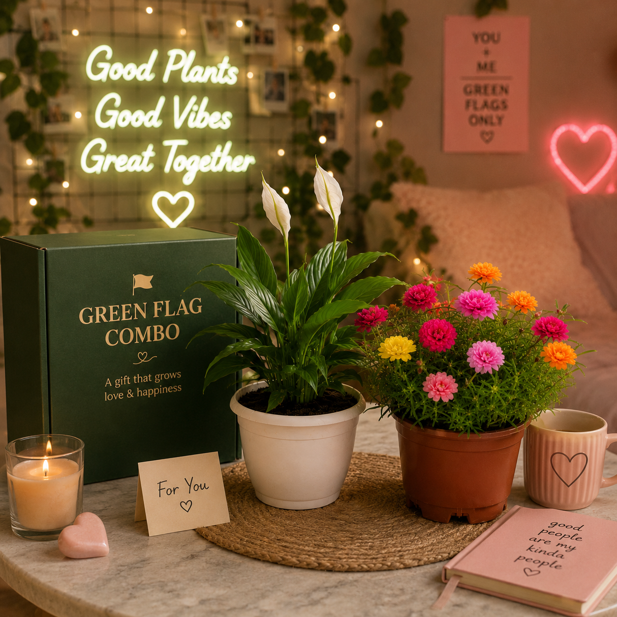 Green Flag Combo™ | Peace Lily + Moss Rose Gift Set